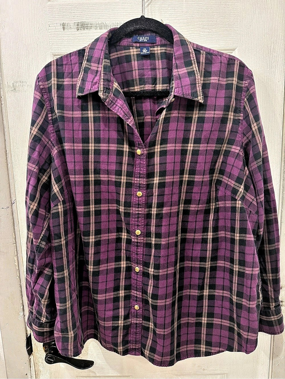 Chaps Plaid Cotton Button Down in Purple Size 2X